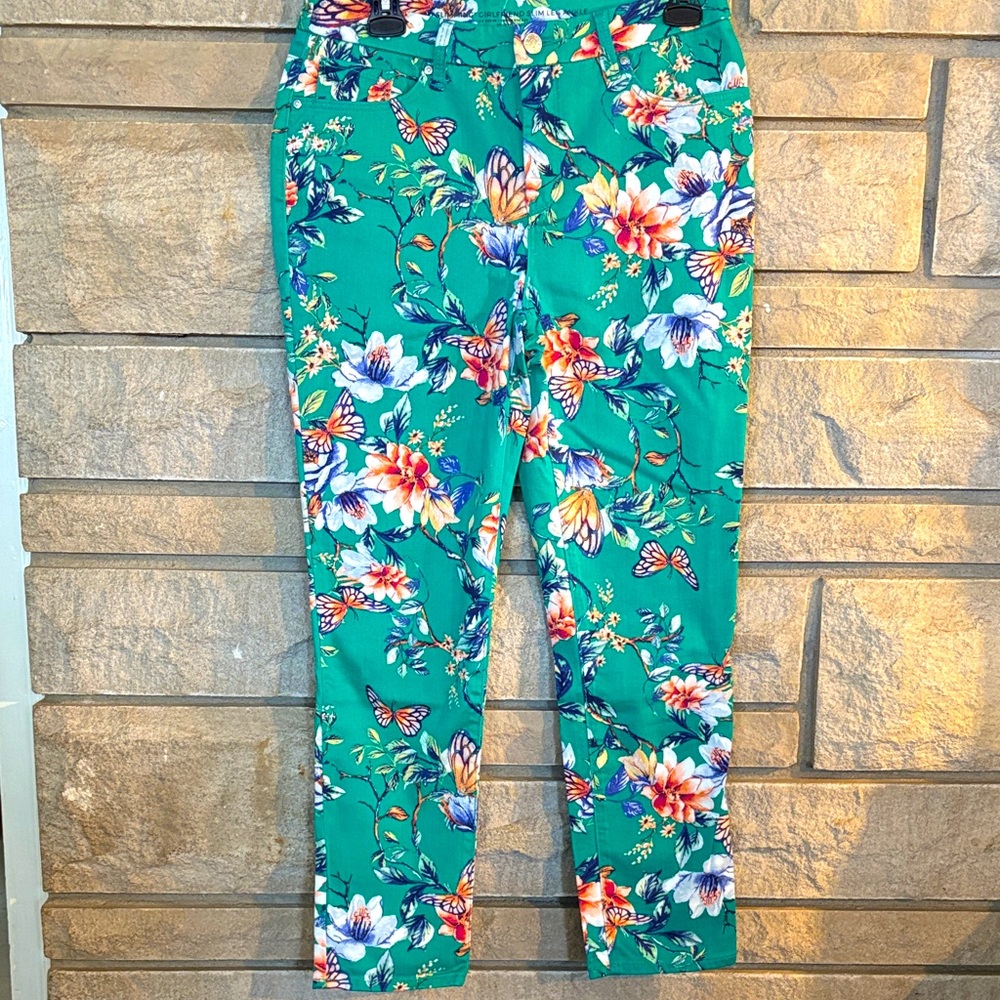 Chico's Teal Floral so Sliming Girlfriend Slim Leg Ankle